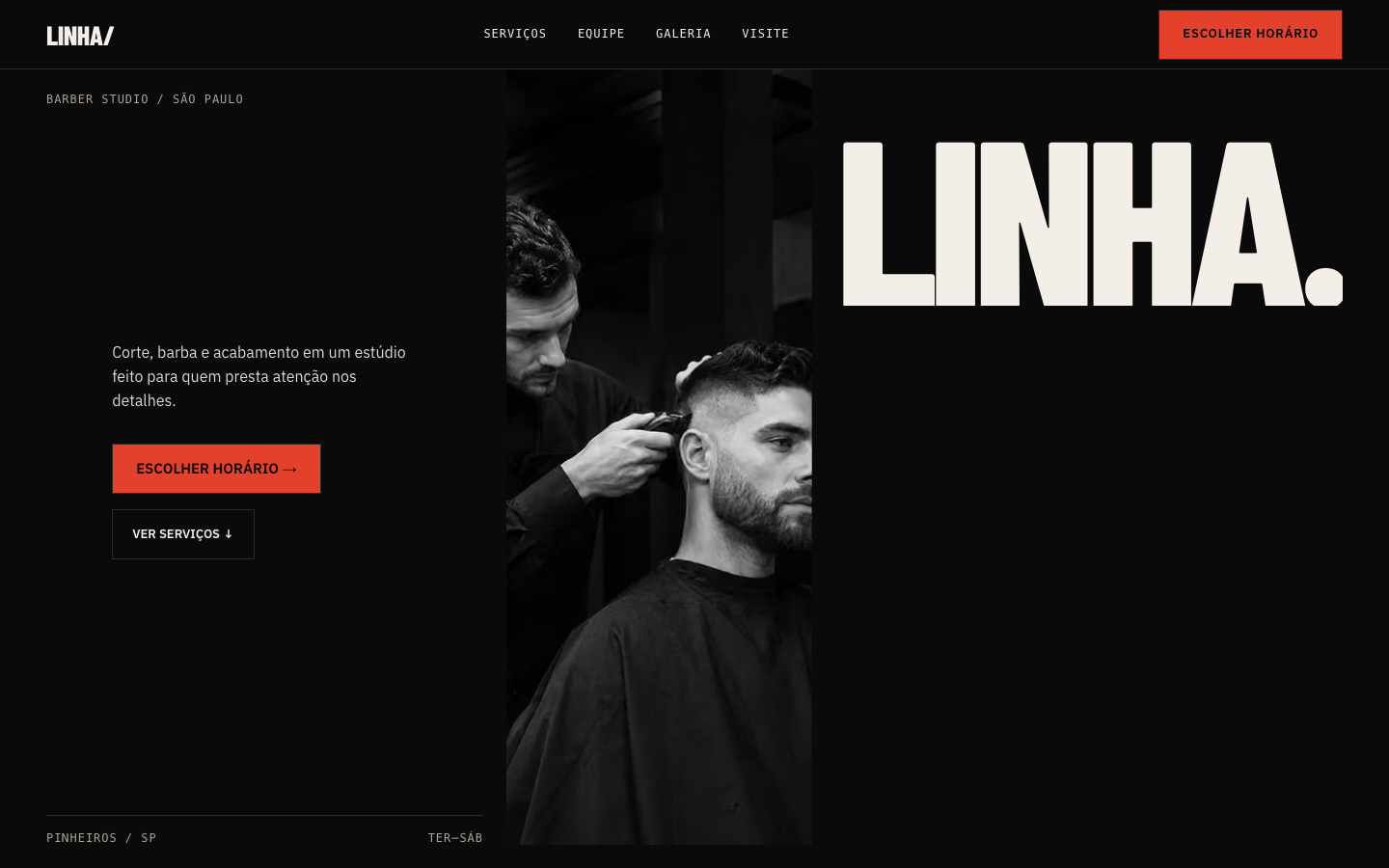 LINHA/ — página inicial editorial com fotografia em preto e branco e tipografia condensada