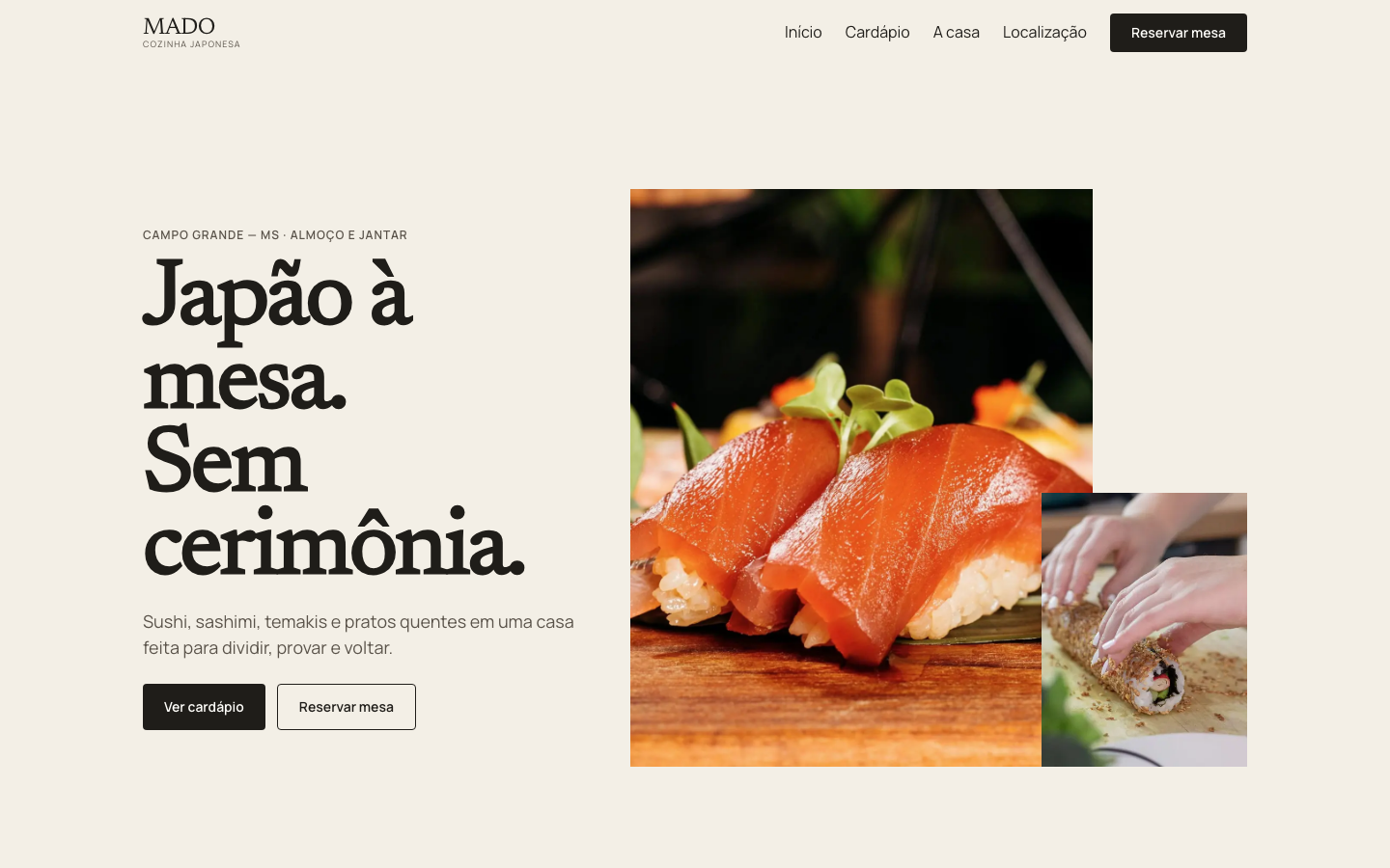 MADO — página inicial gastronômica com fotografia editorial e composição assimétrica