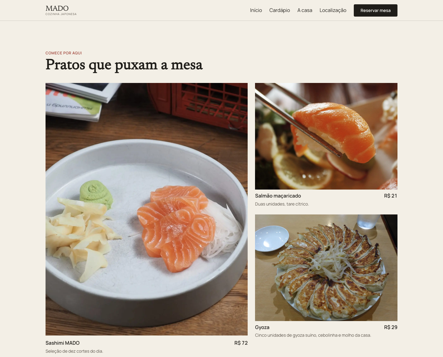 MADO — seção de menu omakase com fotografia de pratos