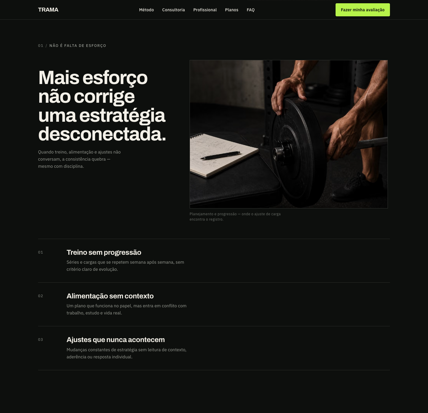 TRAMA — seção de depoimento e chamada para contato