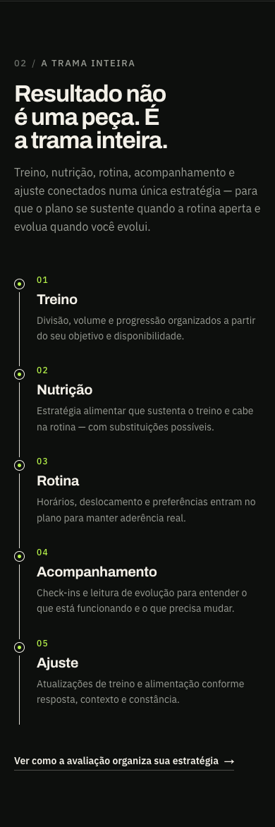 TRAMA — seção mobile com cards de treino